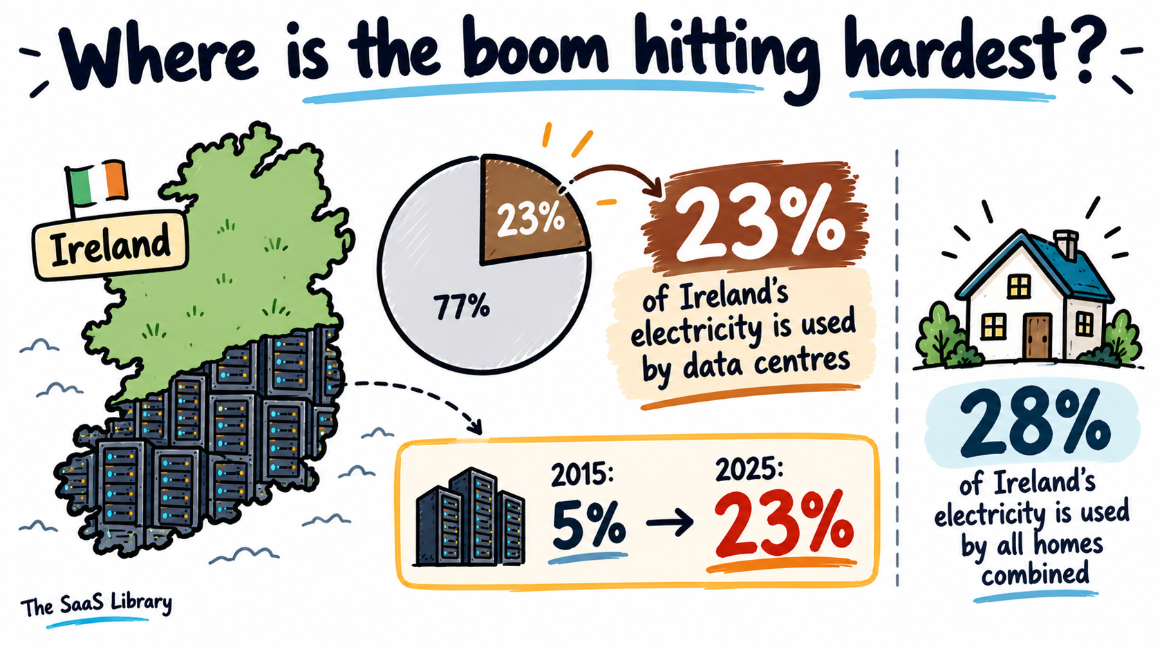 Doodle map of Ireland showing data centres now use 23% of the country's electricity