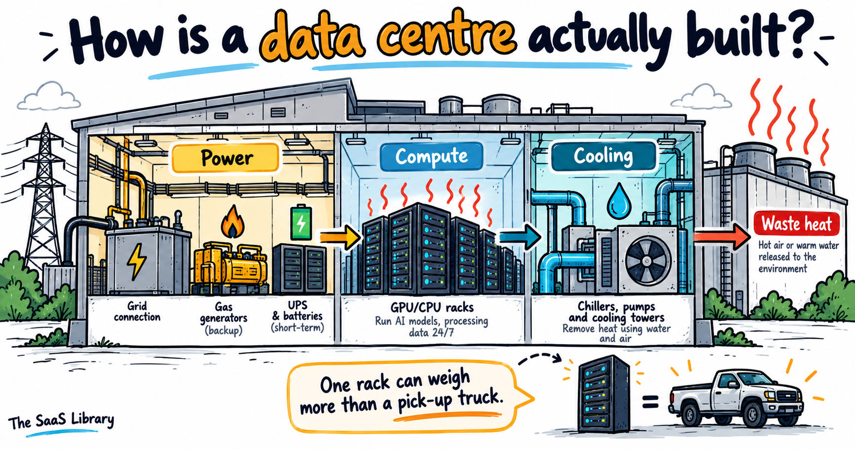 Doodle cutaway diagram of a data centre showing power, compute and cooling systems