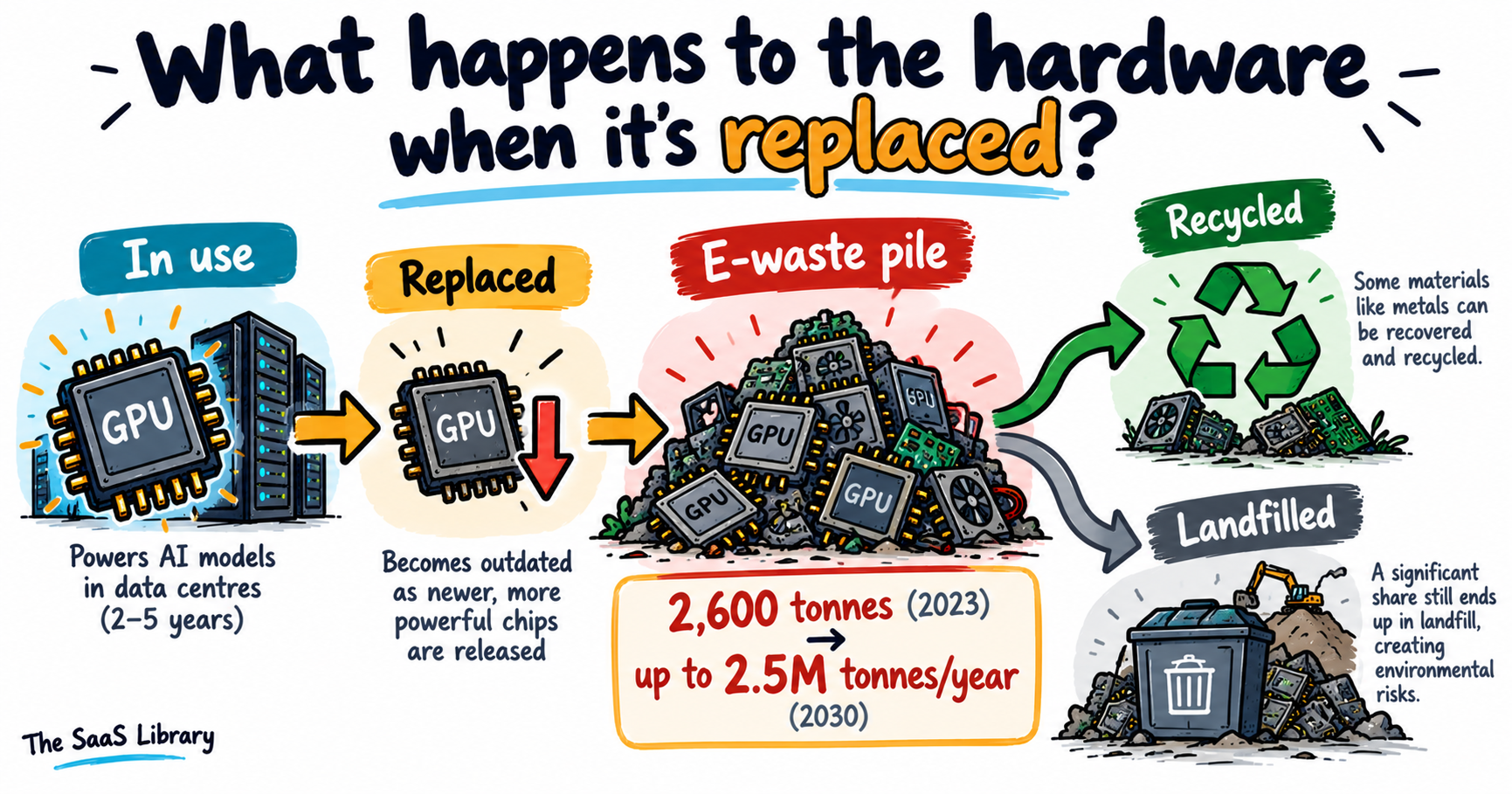 Doodle diagram showing the lifecycle of AI hardware from use to e-waste