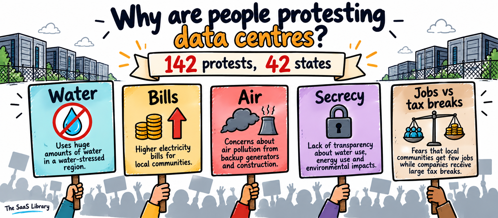 Doodle illustration of five protest placards showing the main community complaints against data centres