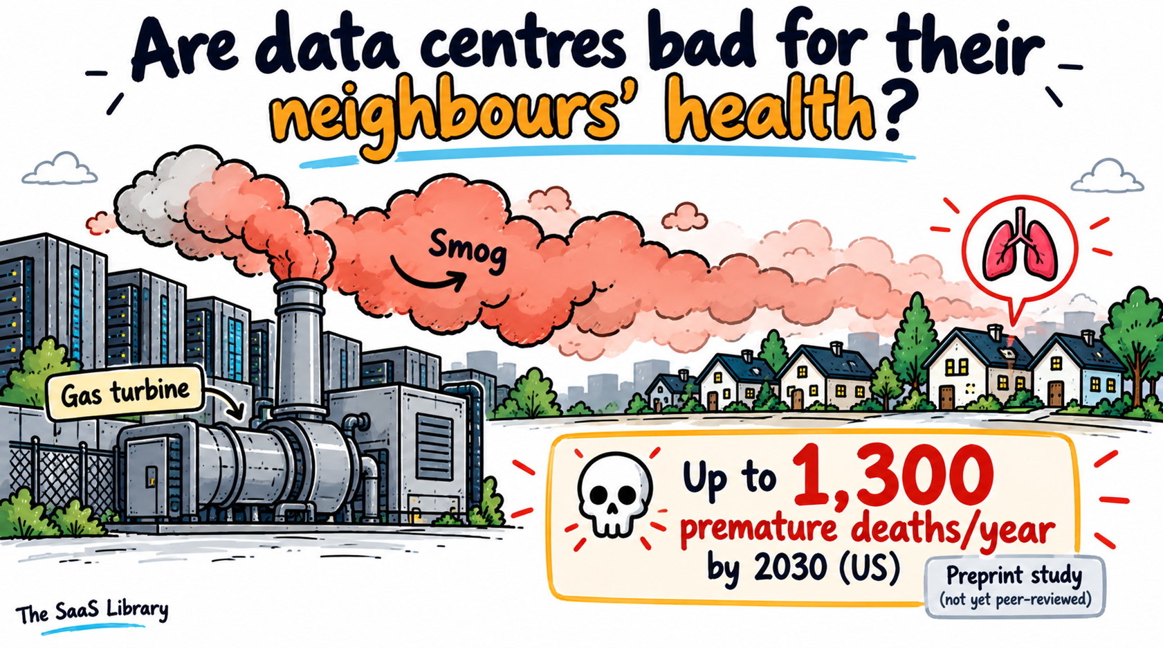 Doodle illustration of gas turbine smog drifting toward homes, showing data centre air pollution health risk