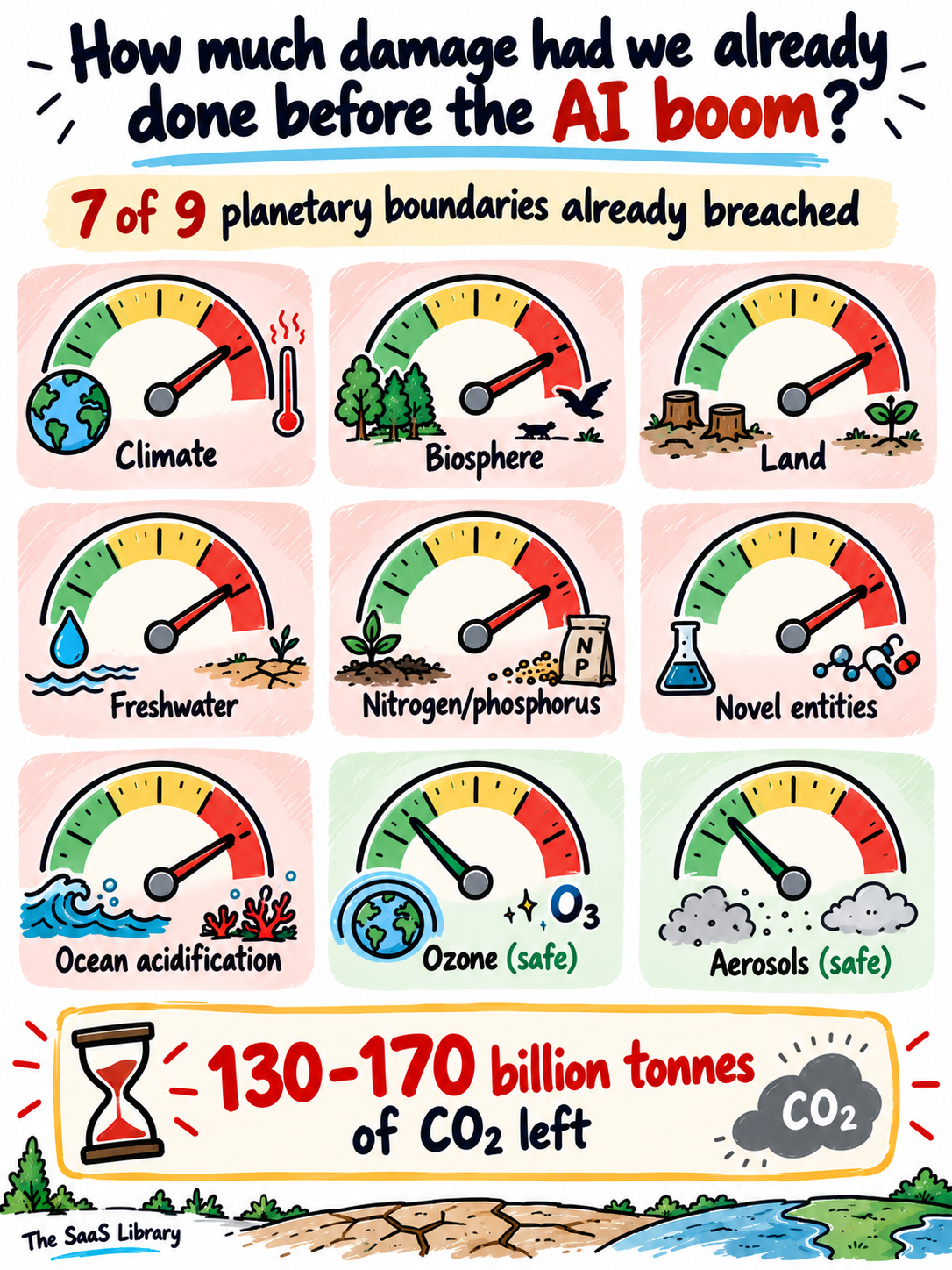 Doodle gauge grid showing seven of nine planetary boundaries breached and two still safe