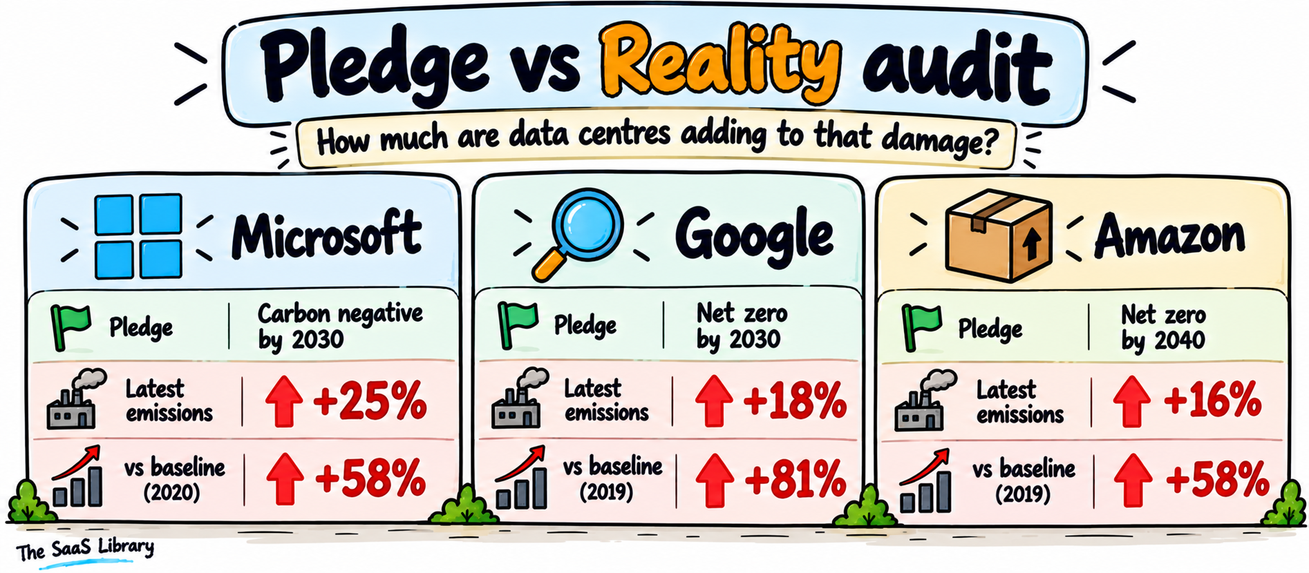 Doodle scoreboard comparing Microsoft, Google and Amazon climate pledges against their rising emissions