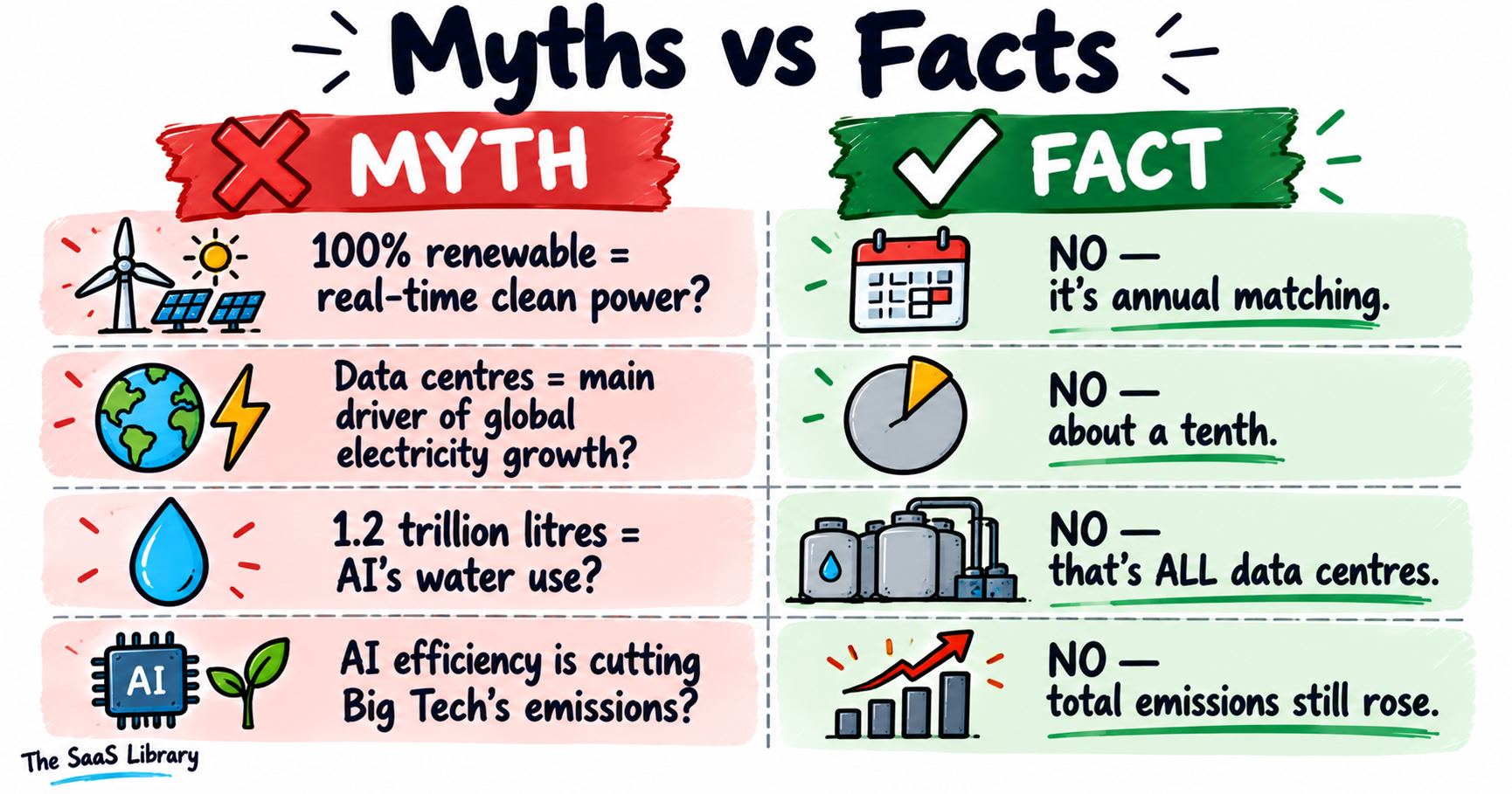 Doodle myth versus fact comparison about AI data centre emissions and water use claims