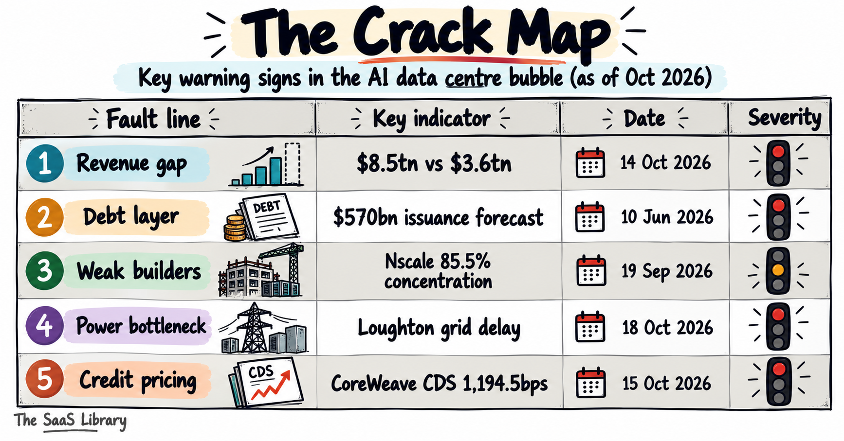 Dated scorecard of AI data center bubble warning signs as of October 2026