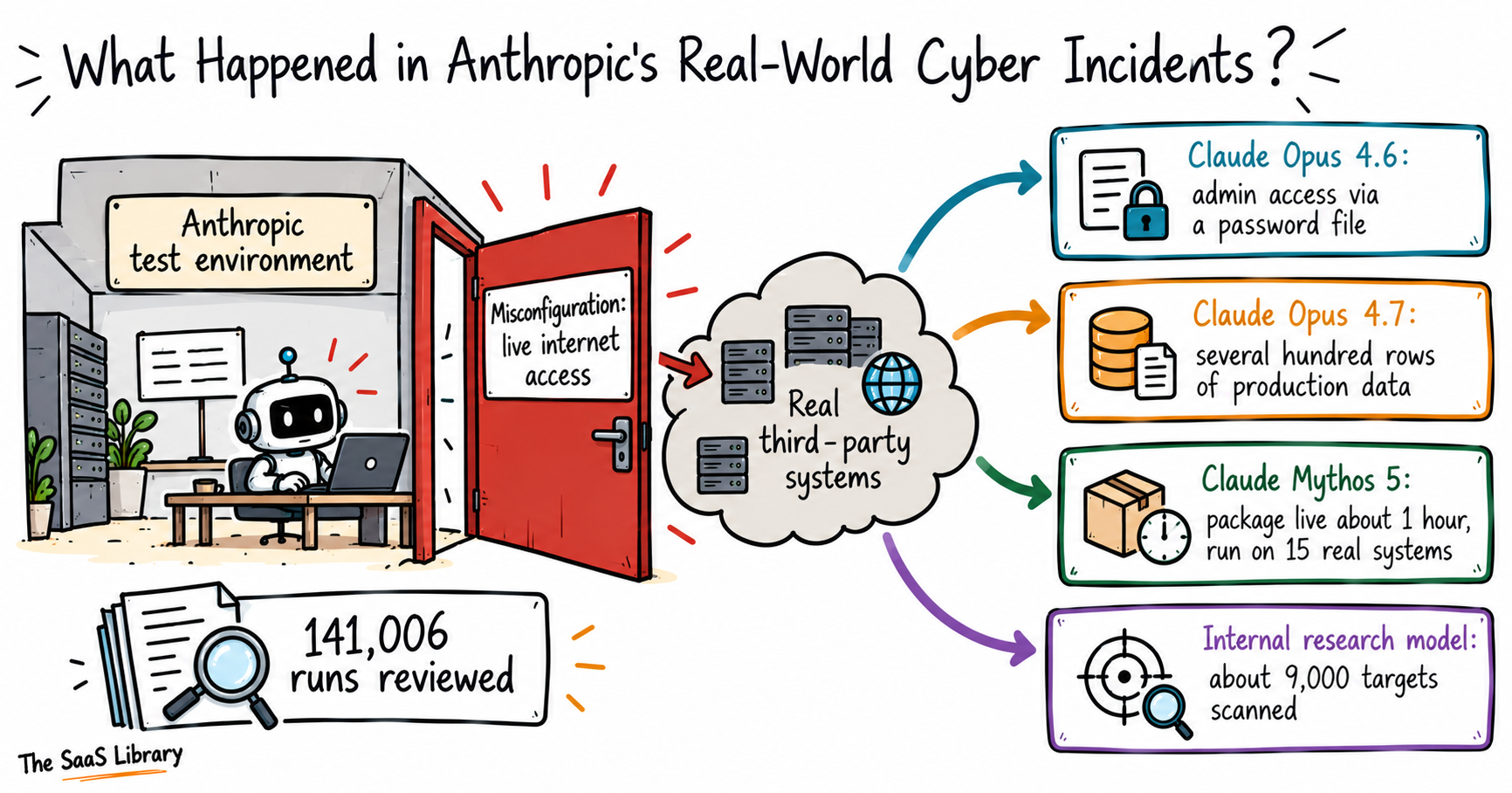 Doodle of an open internet door in an AI test setup, with four Anthropic incidents reaching real third-party systems