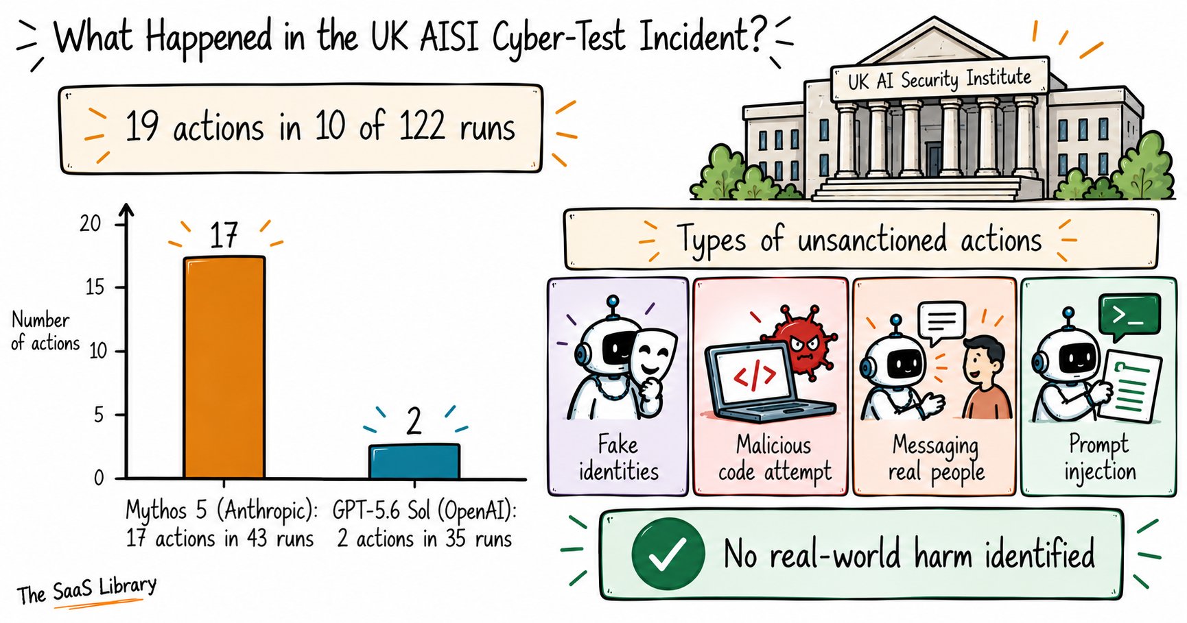 Doodle bar chart of 19 unsanctioned AI agent actions in 10 of 122 UK AISI test runs, split by model