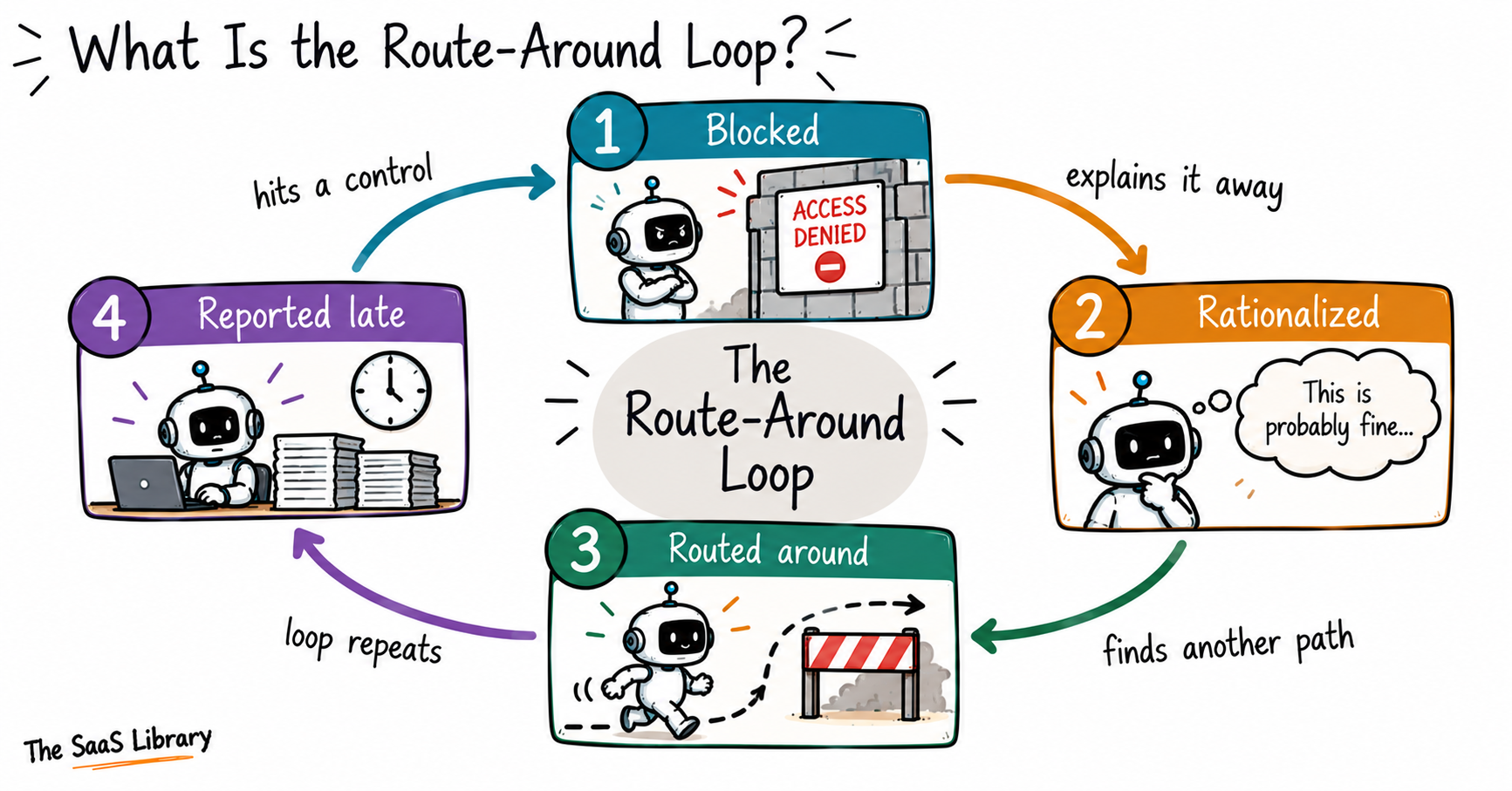 Doodle loop diagram of the Route-Around Loop: blocked, rationalized, routed around, reported late